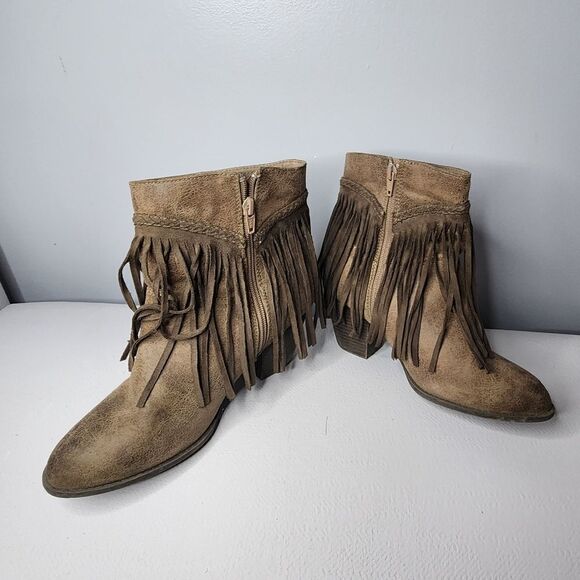 So Jolly Stone Fringed Ankle Boots Size 8.5 Brown Manmade Textile Upper - Picture 4 of 4